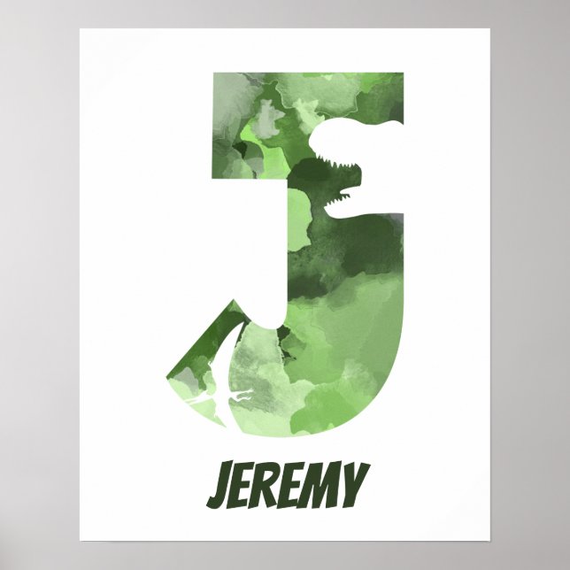 Poster "J" Dinossaur Watercolor, Nome Verde da Criança Po (Frente)