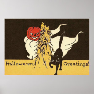 Poster Jack O' Lantern Ghost Black Cat Cornstalk