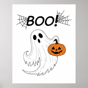 Poster Jack-o-lanterna e um fantasma branco Boo Halloween