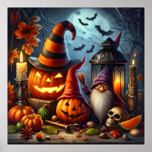 Poster Jack-O-Lanternas Spooky com Gnomo, Crânio e Morceg