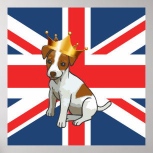 Poster Jack Russell fofo vestindo uma Coroa e Union Jack