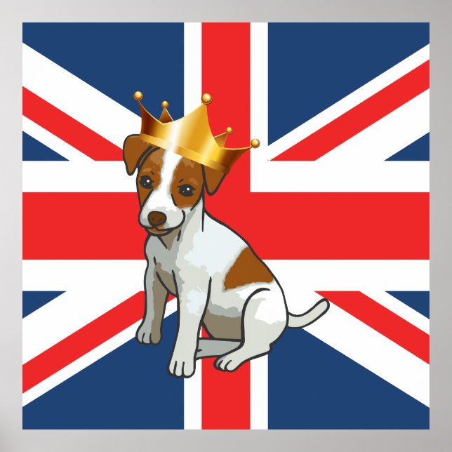 Poster Jack Russell fofo vestindo uma Coroa e Union Jack (Frente)