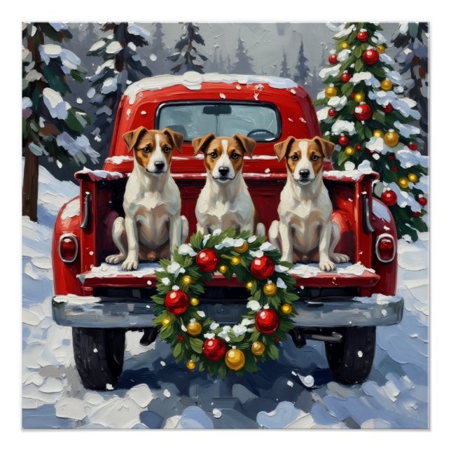 Pôster Jack Russell Terrier Christmas Red Truck Holiday (Frente)
