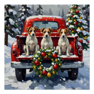 Pôster Jack Russell Terrier Natal Caminhão Vermelho Féria