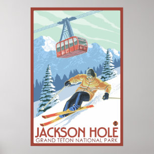 Pôster Jackson Hole, Wyoming - esquiador e bonde