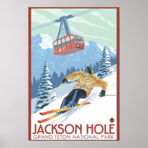 Pôster Jackson Hole, Wyoming Skier e Tram