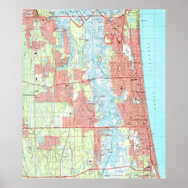 Poster Jacksonville Beach e Atlantic Beach Florida Map (Frente)