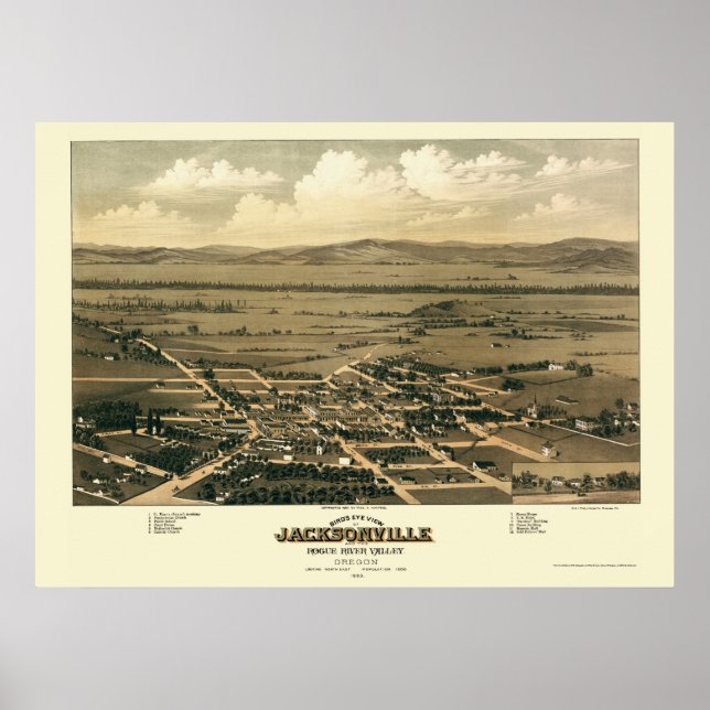 Poster Jacksonville, OU Mapa Panorâmico - 1883 (Frente)