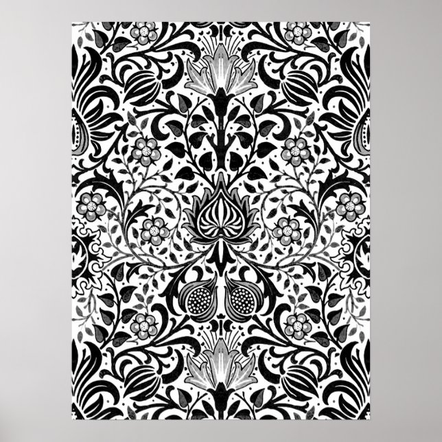 Poster Jacobean Floral Damask, Black, White e Cinza Pos (Frente)