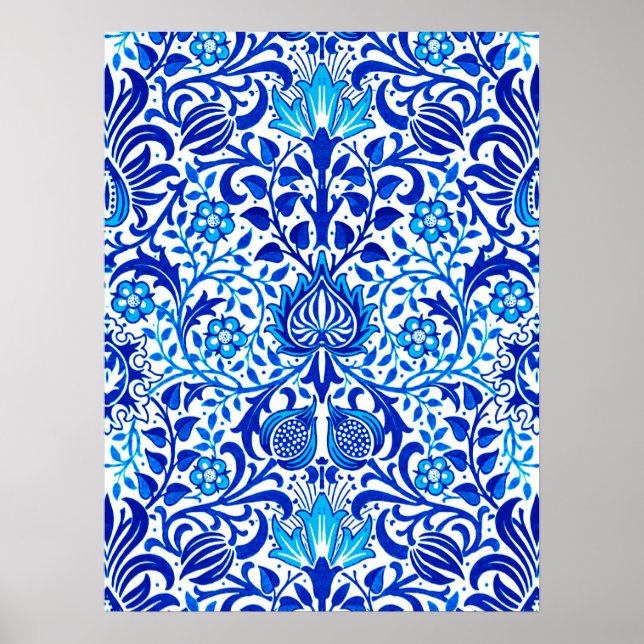 Poster Jacobean Floral Damask, Cobalt Azul e Branco (Frente)