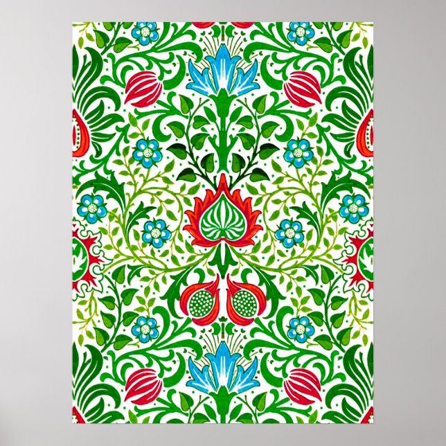 Poster Jacobean Floral Damask, Green and Coral Red (Frente)