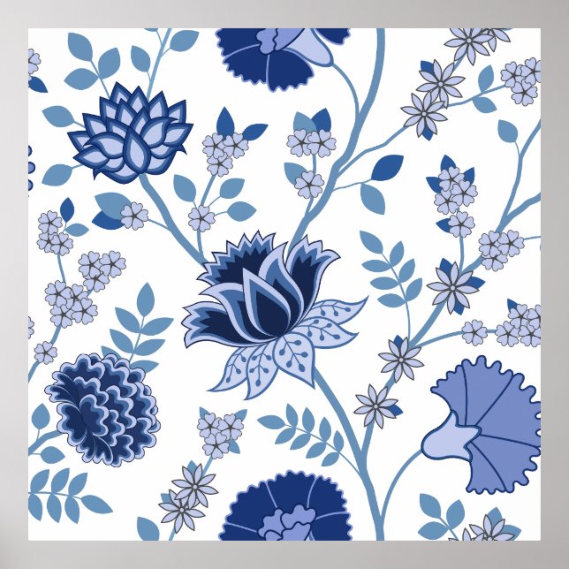 Poster Jacobean Floral Lg Pattern Blue em Branco (Frente)