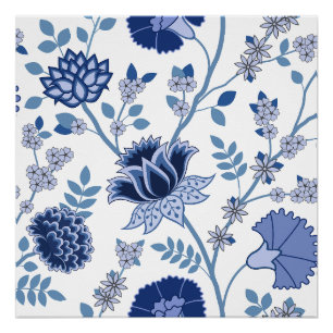 Pôster Jacobean Floral Lg Pattern Blue em Branco