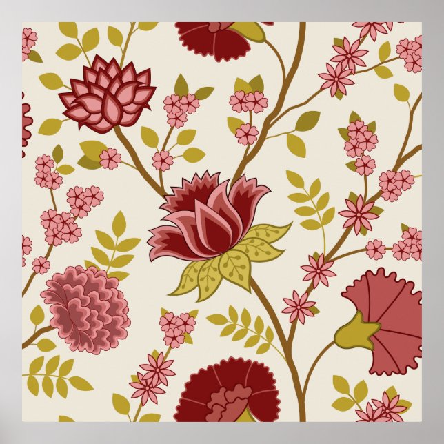 Poster Jacobean Floral Lg Pattern Reds Pinks Dourado Crea (Frente)