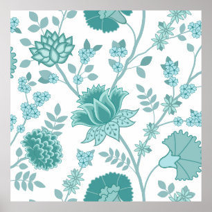 Poster Jacobean Floral Lg Patterno Teals em Branco