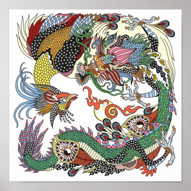 Poster Jade Dragon e Dourada Phoenix brincando com uma pé (Frente)