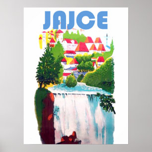 Poster Jajce, cachoeiras Bósnia, Jugoslávia, vintage