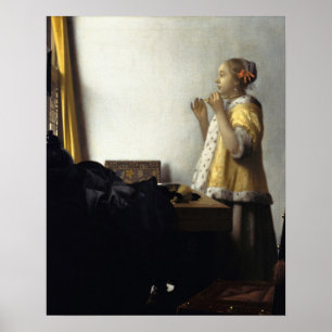Poster Janeiro Vermeer, jovem mulher com uma colar da