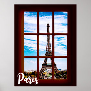 Poster Janela de madeira com vista na torre Eiffel, Paris