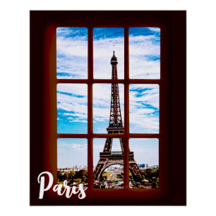 Pôster Janela de madeira com vista na torre Eiffel, Paris