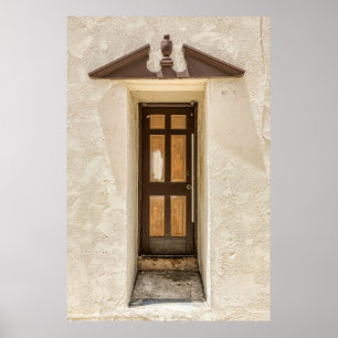POSTER JANELA DE MADEIRA ROWN NA PAREDE DE CONCRETO BRANC