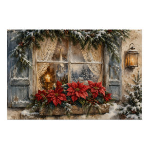 Pôster Janela de Natal com Poinsettia Nevada