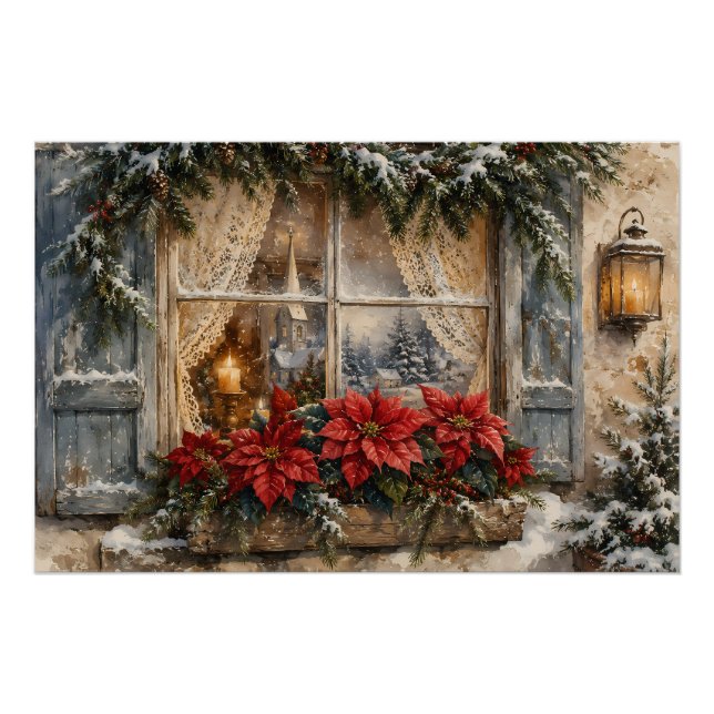 Pôster Janela de Natal com Poinsettia Nevada (Frente)