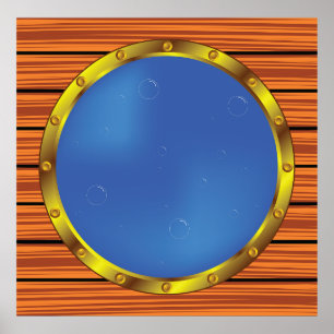 Poster Janela de Porão de Navio Náutico com Água Azul