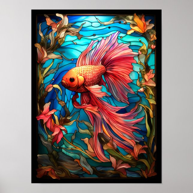 Poster Janela de Vidro Colorido com Peixe Betta Rosa  (Frente)