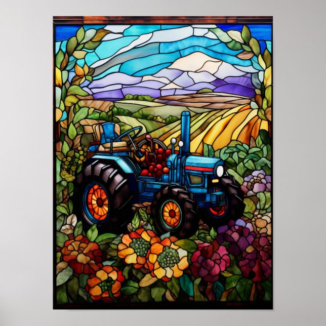 Poster Janela de Vidro Pintado Trator Azul da Fazenda (Frente)