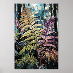 Poster janela de vitral floresta profunda samambaia, bosq