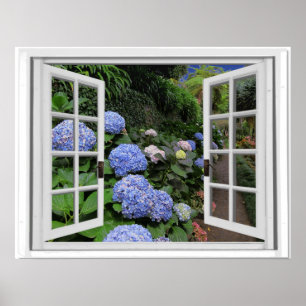 Pôster Janela do falso da opinião do jardim do Hydrangea