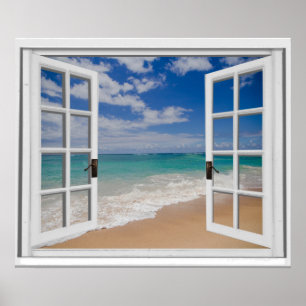 Poster Janela do falso da vista para o mar do Sandy Beach