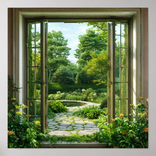 Poster Janela Falsa Arte de Parede de Paisagem Verde Exub