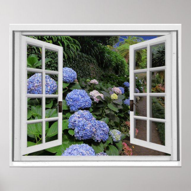 Pôster Janela Falsa Vista para Jardim de Hortênsias (Frente)