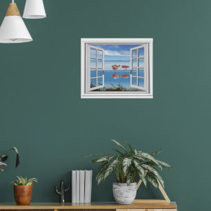 Poster Janela Falsa Vista para o Oceano Com Flamingos na
