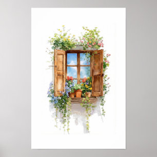 Poster Janela Floral Rústica – Estilo Casa de Campo