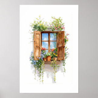 Poster Janela Floral Rústica – Estilo Casa de Campo