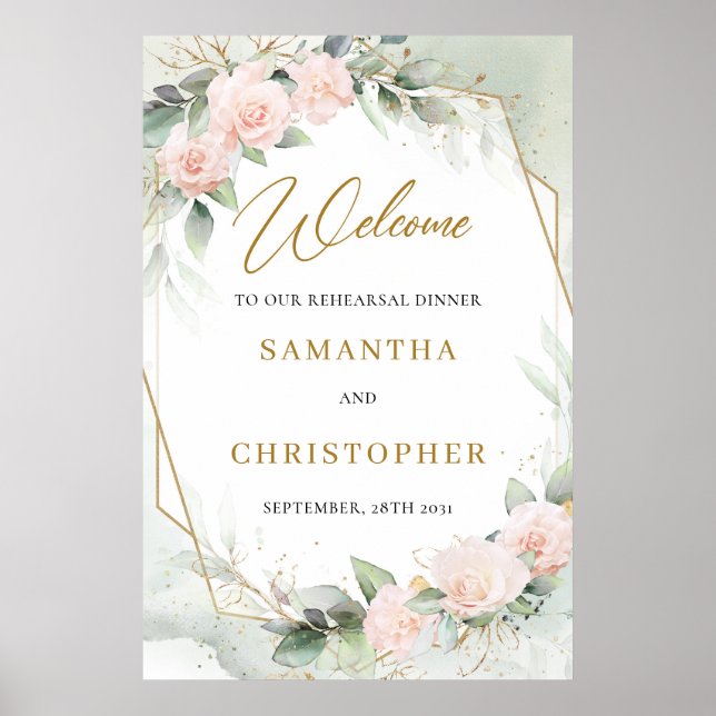 Poster Jantar de ensaio com tons de rosa floral e eucalip (Frente)