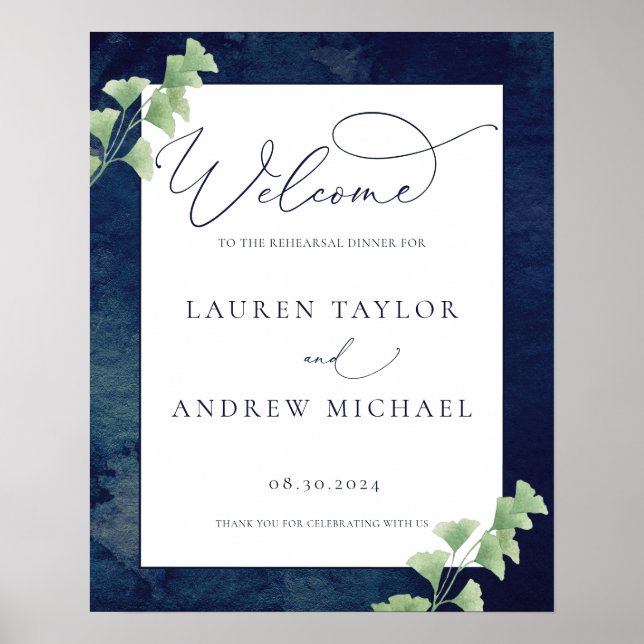 Poster Jantar de Ensaio de Aguarela Azul Escuro com Folha (Frente)