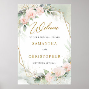 Poster Jantar de ensaio floral blush eucalipto dourado