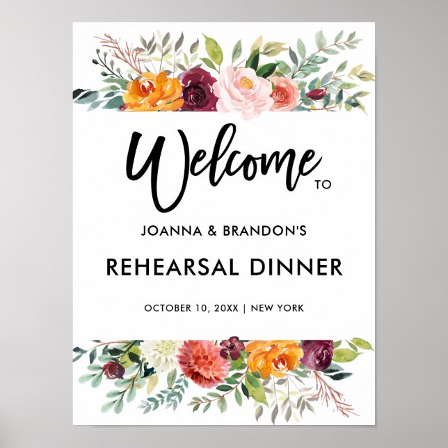 Poster Jantar de Rehearsal Floral de Outono Burgundy Blus (Frente)