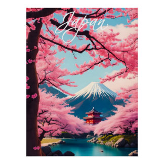 Pôster Japan Cherry Blossom at Mount Fuji Travel Poster