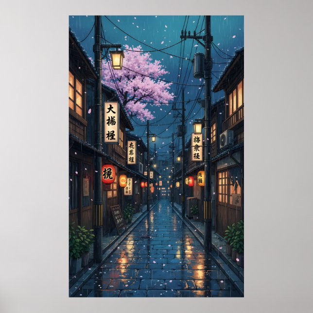 Poster Japanese Alley Rain Night Cozy Anime Blossom urban (Frente)