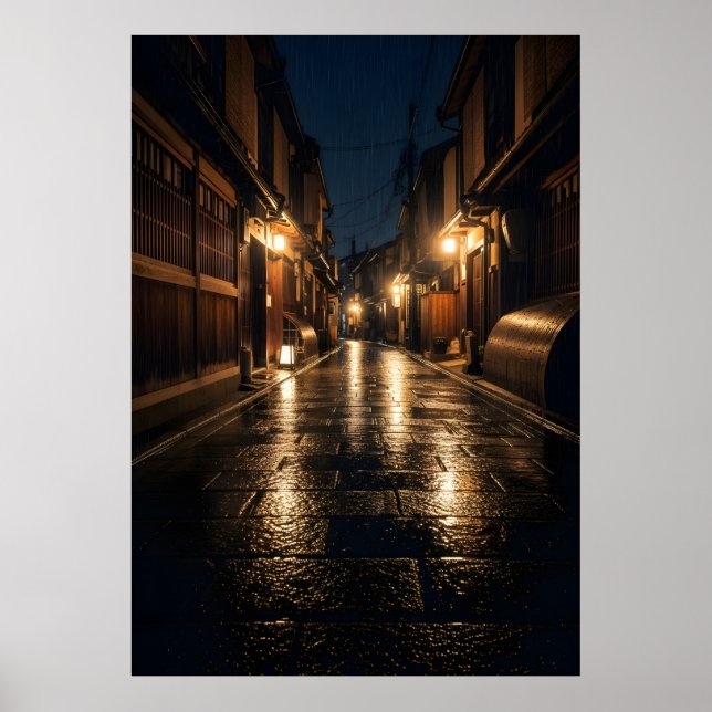 Poster Japanese Alley Rain Night Photography Kyoto Street (Frente)