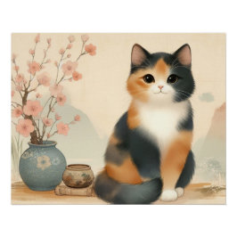 Pôster Japanese calico cat and flower
