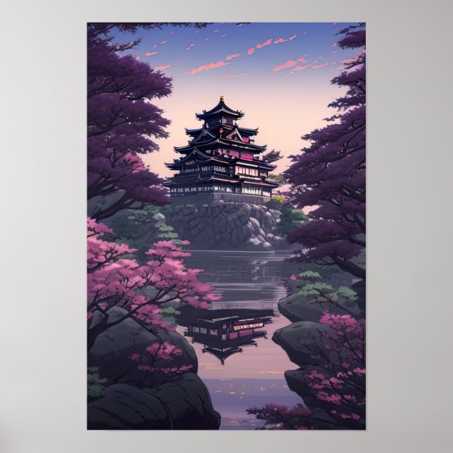 Poster Japanese Castle in Bloom, Rocky Hilltop Fortress (Frente)
