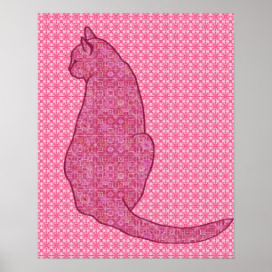 Pôster Japanese Cat - Fuchsia Pink Batik