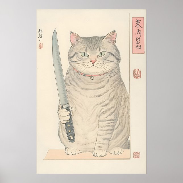 Poster Japanese Cat Print Funny Tabby Cat with Knife (Frente)