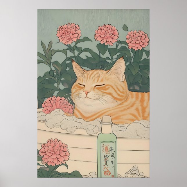 Poster Japanese Cat Print Ginger Tabby in Bathroom (Frente)